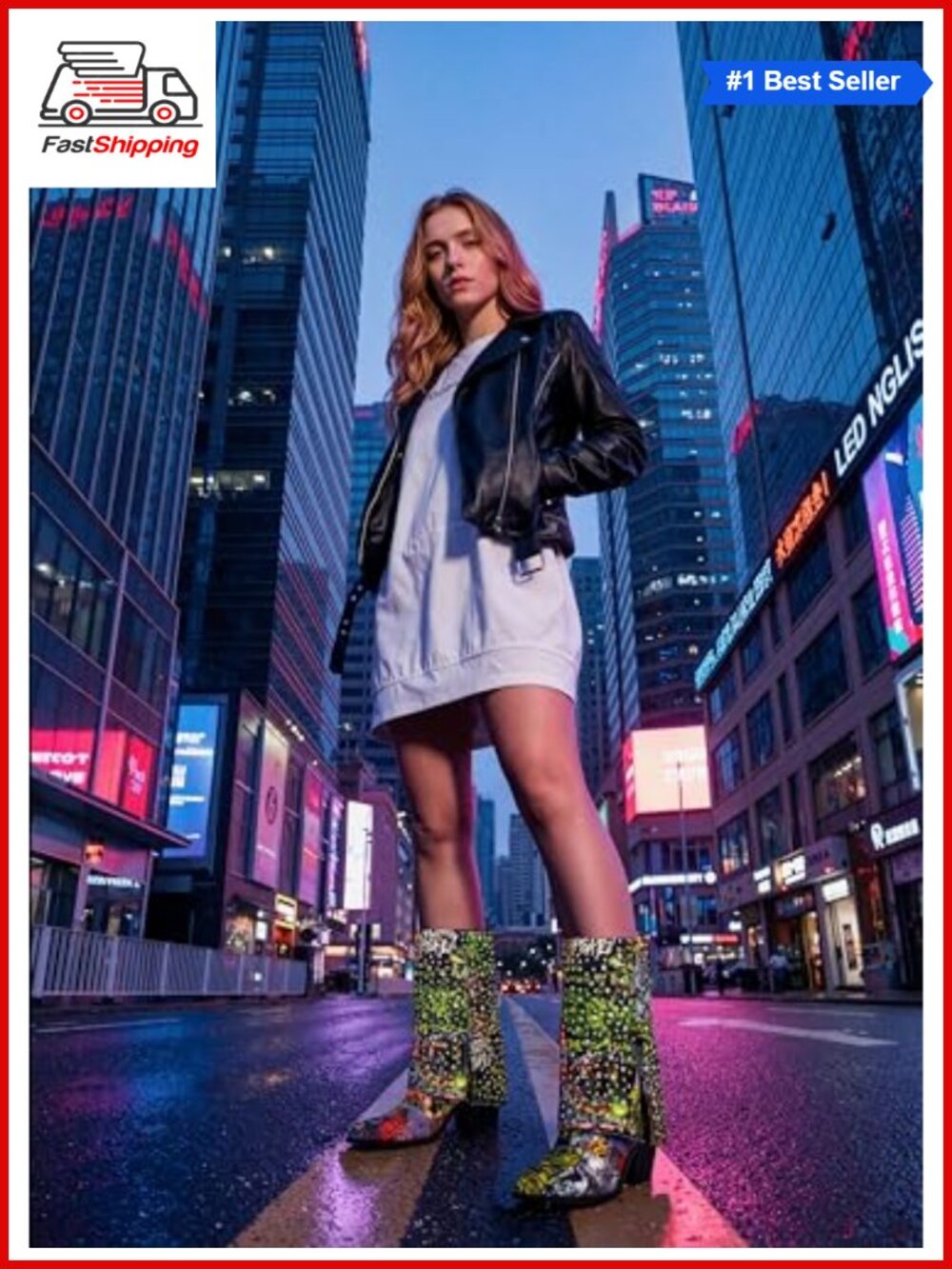 ✨Krylinette Graphic Print Rhinestone Mid Calf Denim Boots Chunky Heel Western - Picture 3 of 6